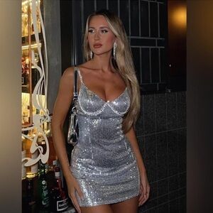 White Fox Boutique Silver Sequin Mini Dress